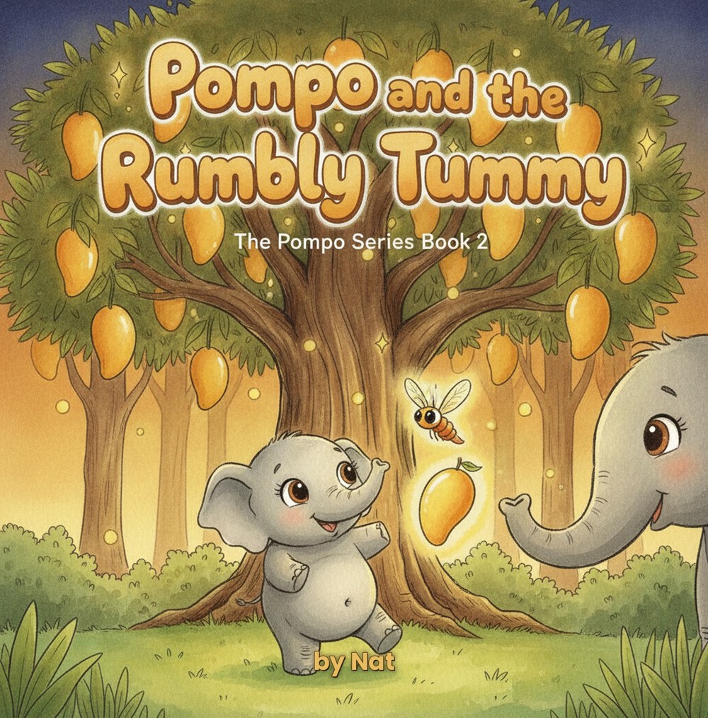 Cover of Pompo and the Rumbly Tummy, a picture book set in a sunny mango grove
