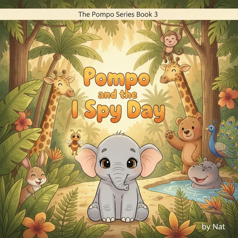 Cover of Pompo and the I Spy Day, a search and find picture book full of jungle friends