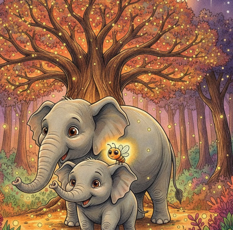 Mama elephant nuzzling baby Pompo in the glowing evening forest