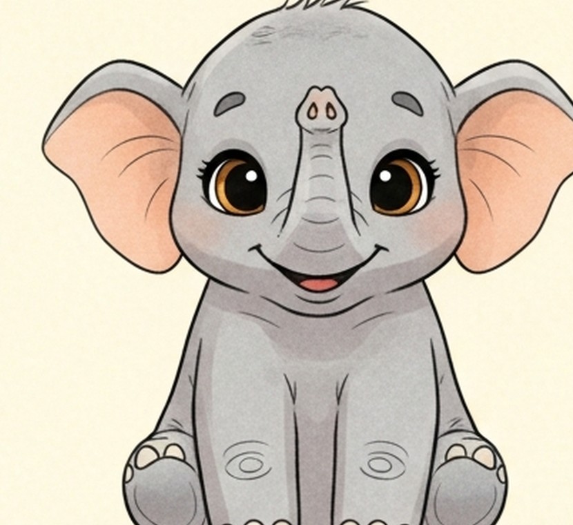 Pompo, a smiling grey baby elephant with big amber eyes and pink ears