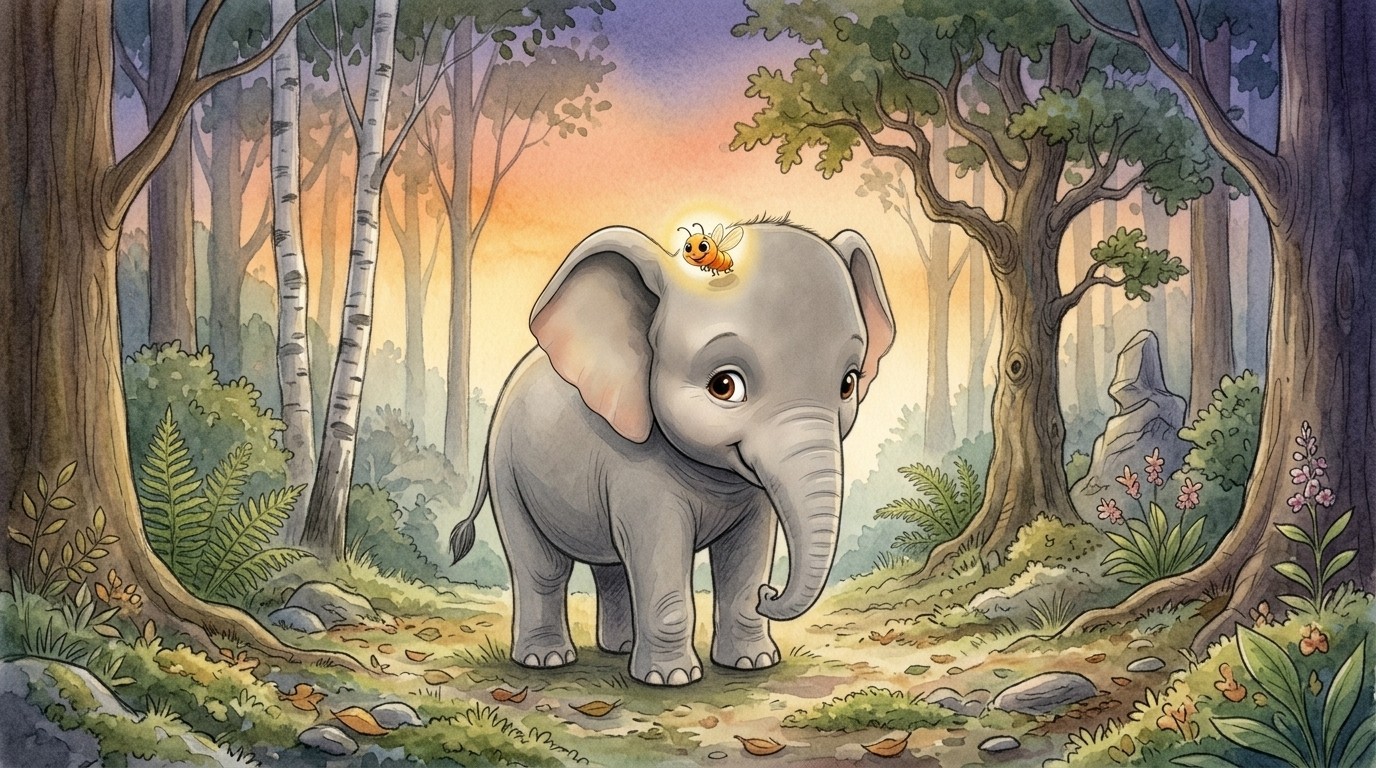 Pompo walking through a soft forest at sunset with Blinky glowing on his head