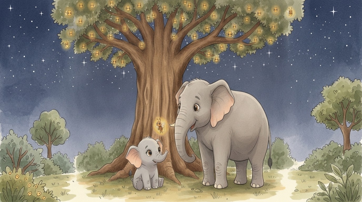 Baby Pompo and Mama beneath a great tree glowing with fireflies at night